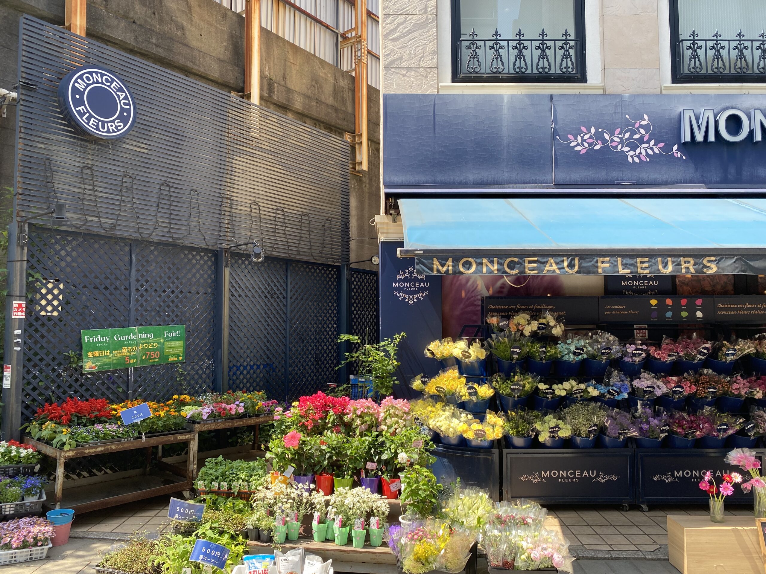 自由が丘にあるフラワーショップのMONCEAU FLEURSです。通りを歩ていると目に付きますね！花がとても綺麗で店も花で溢れています。