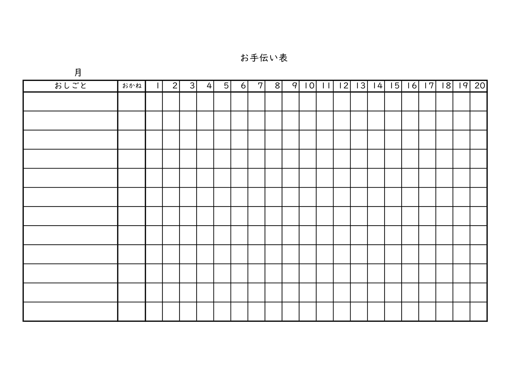 シンプルなお手伝い表（子供・低学年・小学生）お仕事＆お小遣い「Excel・Word・PDF」のテンプレートとなります。シンプルな表になりますので、余白に絵を書い