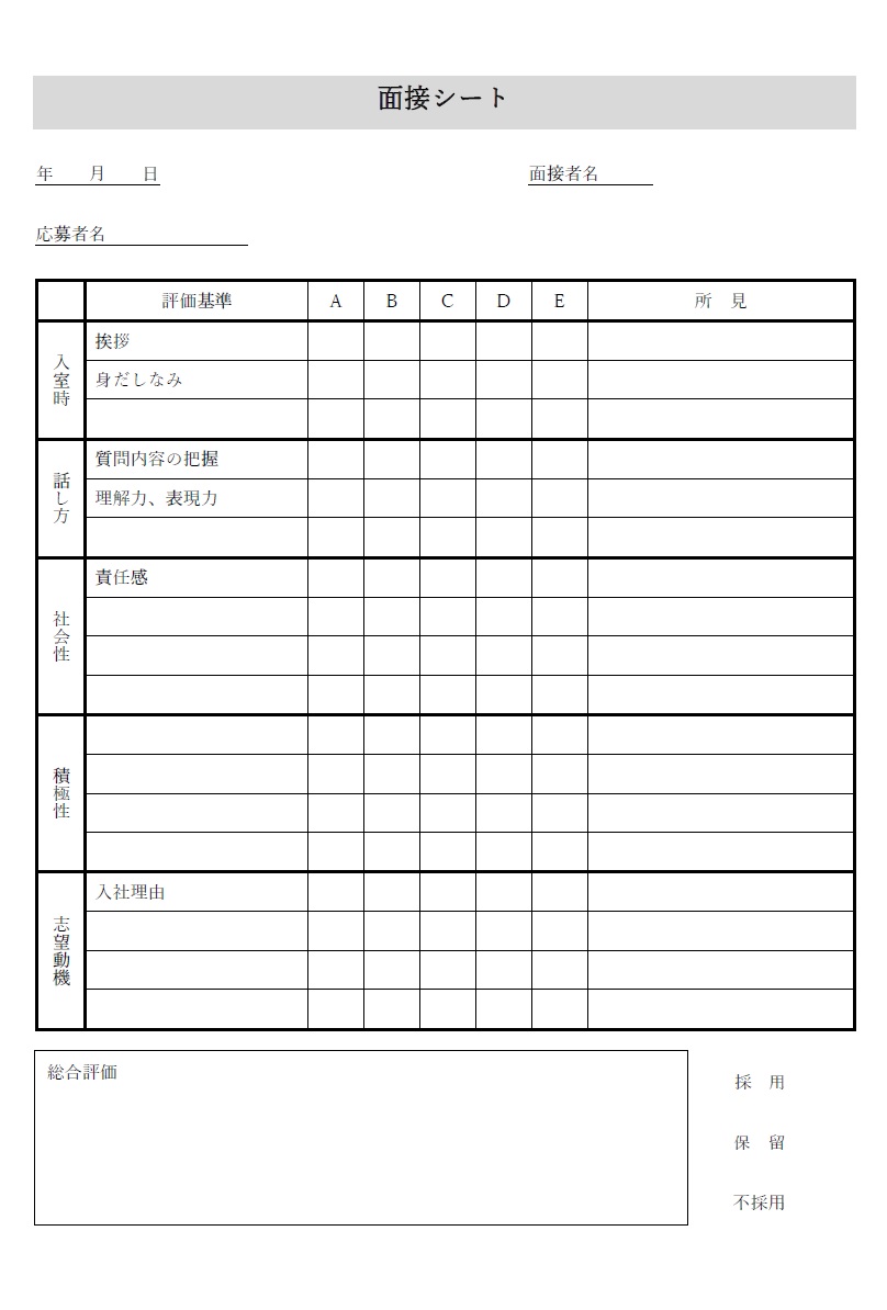 アルバイト・パート雇用に使える面接シート（Excel・Word・PDF）テンプレートとなり店舗やお店と飲食店などが従業員を雇う時の面接の基準を記入し面接時の評価