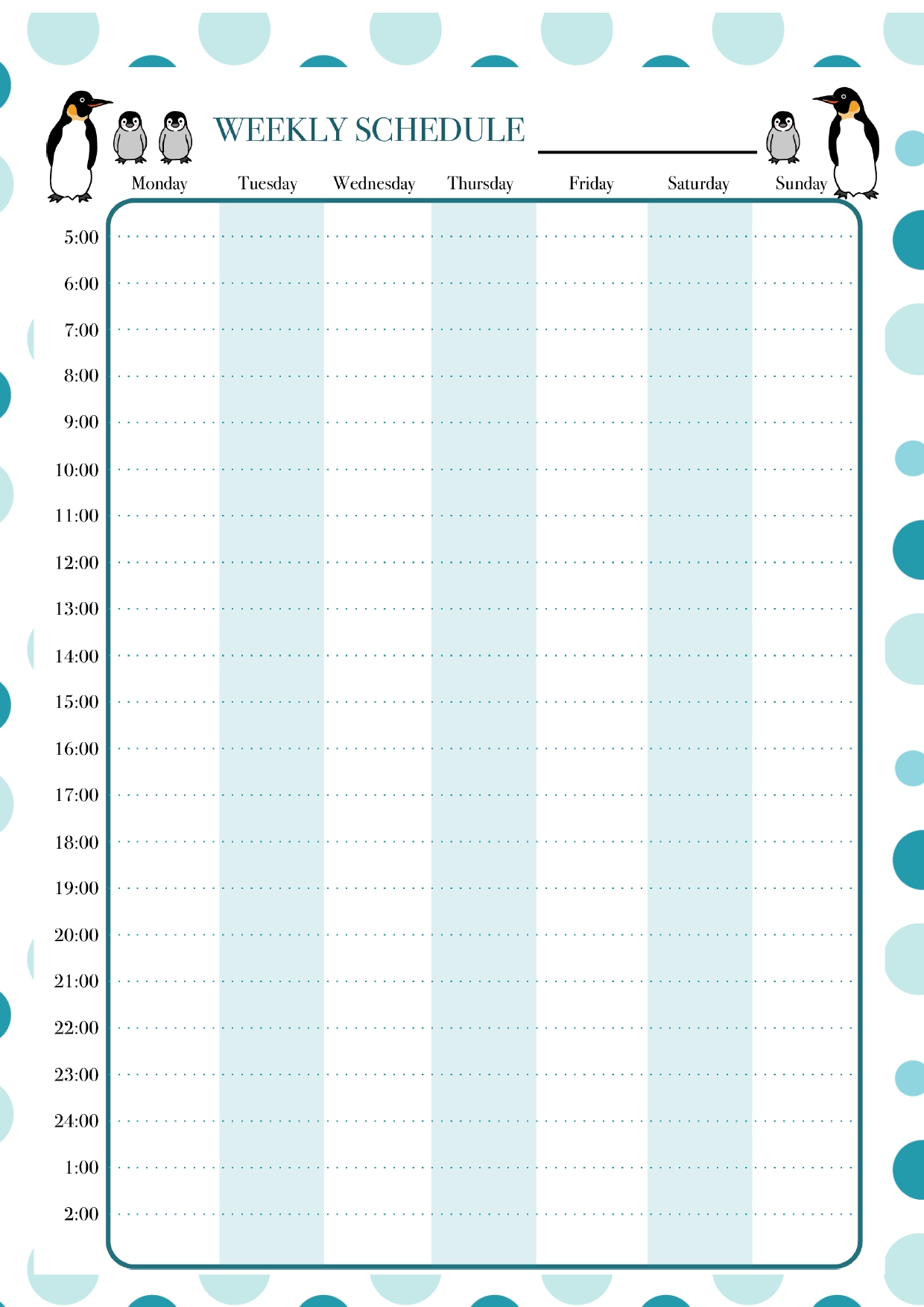 子供も夏休みの時間管理に役立つ「週間タイムスケジュール表」ペンギンのイラストデザイン♪勉強時間の時間割に活用！テンプレート爽やかなドットのフレームに、かわいいペ