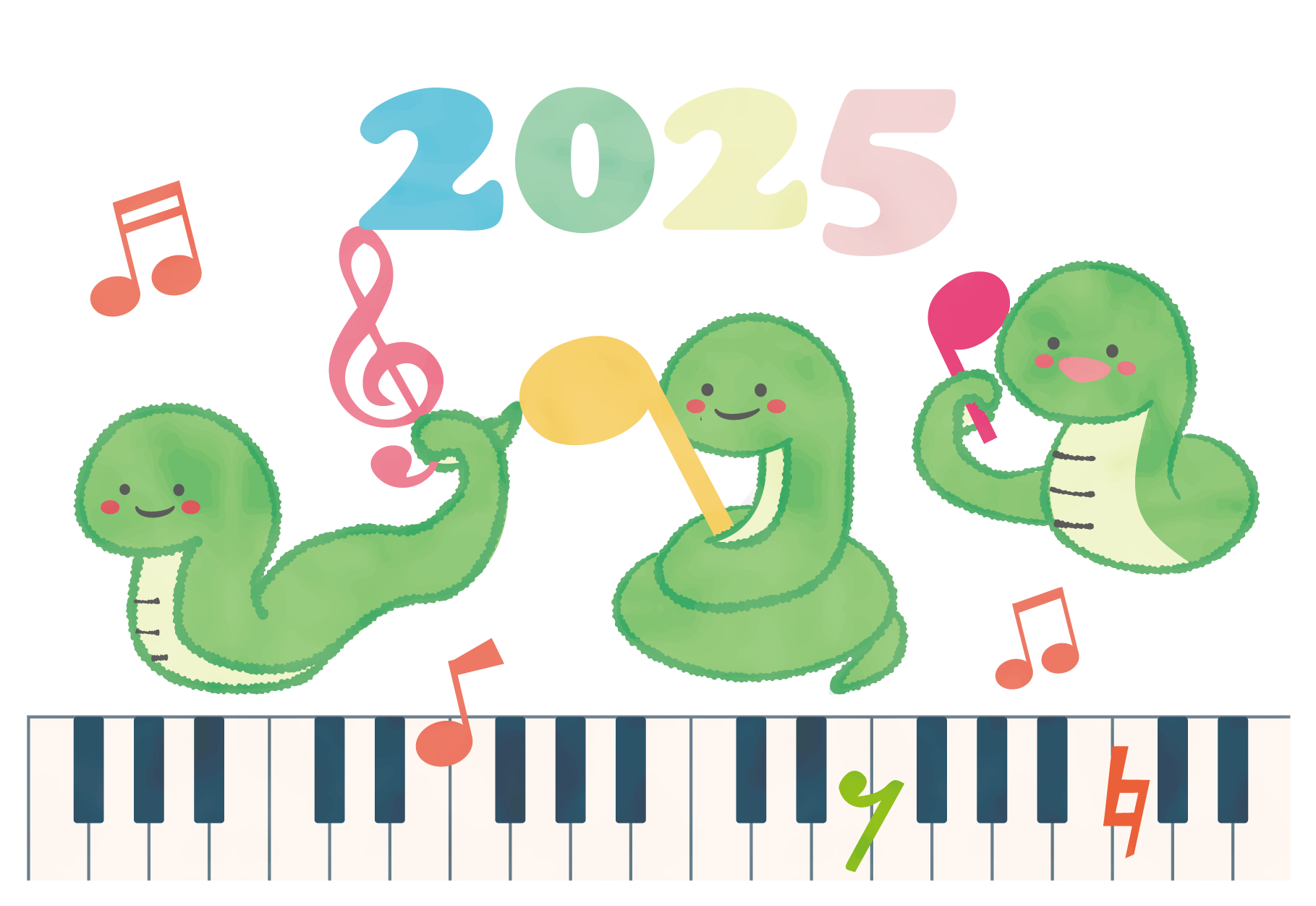 2025年、ピアノ教室、幼稚園、習い事、お稽古先での利用におすすめの、お正月イラスト＆年賀状テンプレートになります。 干支のヘビを絵本に出てくる様なキャラクター