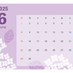 A4印刷できる月間カレンダーの無料テンプレート。こちらは2025年6月版のページになります。薄紫色のベースに白い紫陽花がかわいいデザイン。お店やSNS等で是非ご