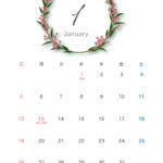 季節の花のイラスト入り月間カレンダーの無料テンプレート。毎月、季節のお花のリースが描かれています。1月はお正月シーズンに相応しい南天。 日曜始まりのマンスリーカ