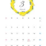 3月に見ごろを迎えるミモザの花をリース型にデザインして作成した、おしゃれな月間カレンダー（2025年版）です。日曜始まりのシンプルなカレンダーに季節感を添えて仕