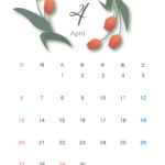 春の花「チューリップ」でリースを描いたかわいいイラスト入り、4月のマンスリーカレンダー（2025年版）です。完成品のテンプレートとなり、ダウンロードしてすぐにご