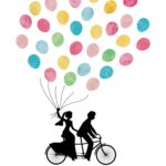 結婚式で人気のウェディングツリーがバルーンverになって登場！風船を持つ新郎新婦が仲良く自転車に乗っているおしゃれなデザイン！ 結婚式で芳名帳や結婚証明にも使わ