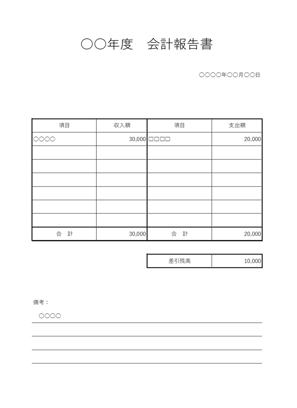 予算増減なし会計報告書！イベントや忘年会・懇親会・クラス会などの一度作成に適したテンプレートです。 忘年会、懇親会、クラス会など、予算設定がない集いの会計に便利
