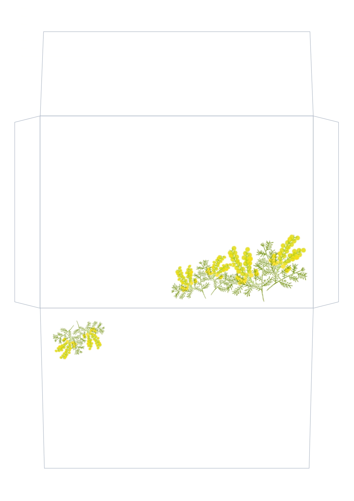 春を代表するお花「ミモザ」のイラストが入った、かわいい封筒のテンプレート！ 明るい春のミモザをイメージした封筒のテンプレートです。おそろいのデザインの便箋といっ