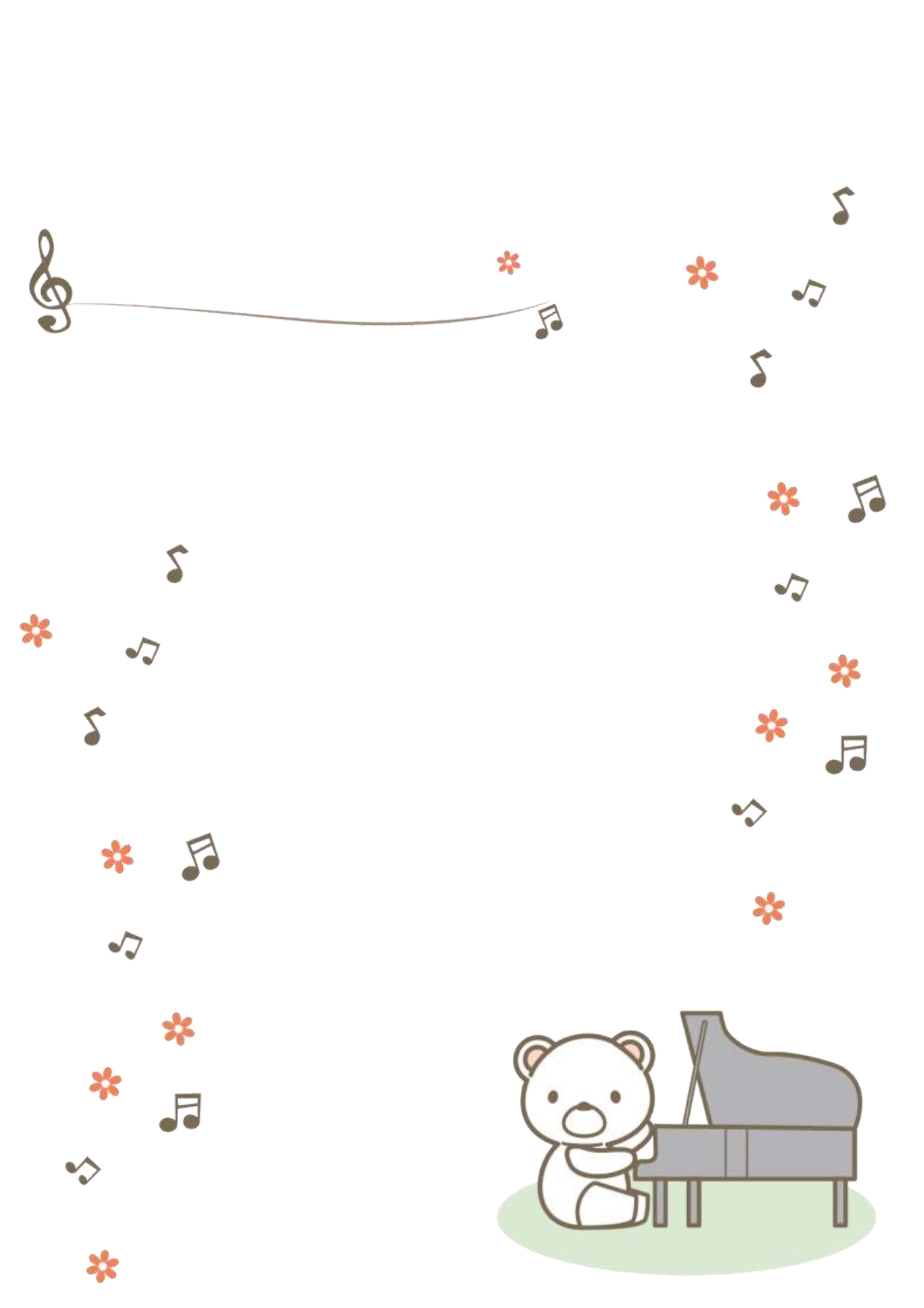 楽器・音楽教室（ピアノを弾く白いクマ・音符）プログラム・案内・チラシ・お知らせに使える素材となり、ダウンロード後に利用可能です。ピアノ教室や発表会などで利用可能