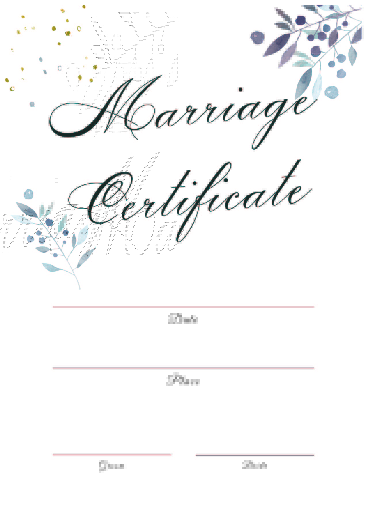 スタイリッシュなボタニカルデザインの結婚証明書！額縁に入れてお部屋に飾りたい方におすすめのおしゃれデザインとなります。落ち着いた雰囲気のシックなデザインで、誓い
