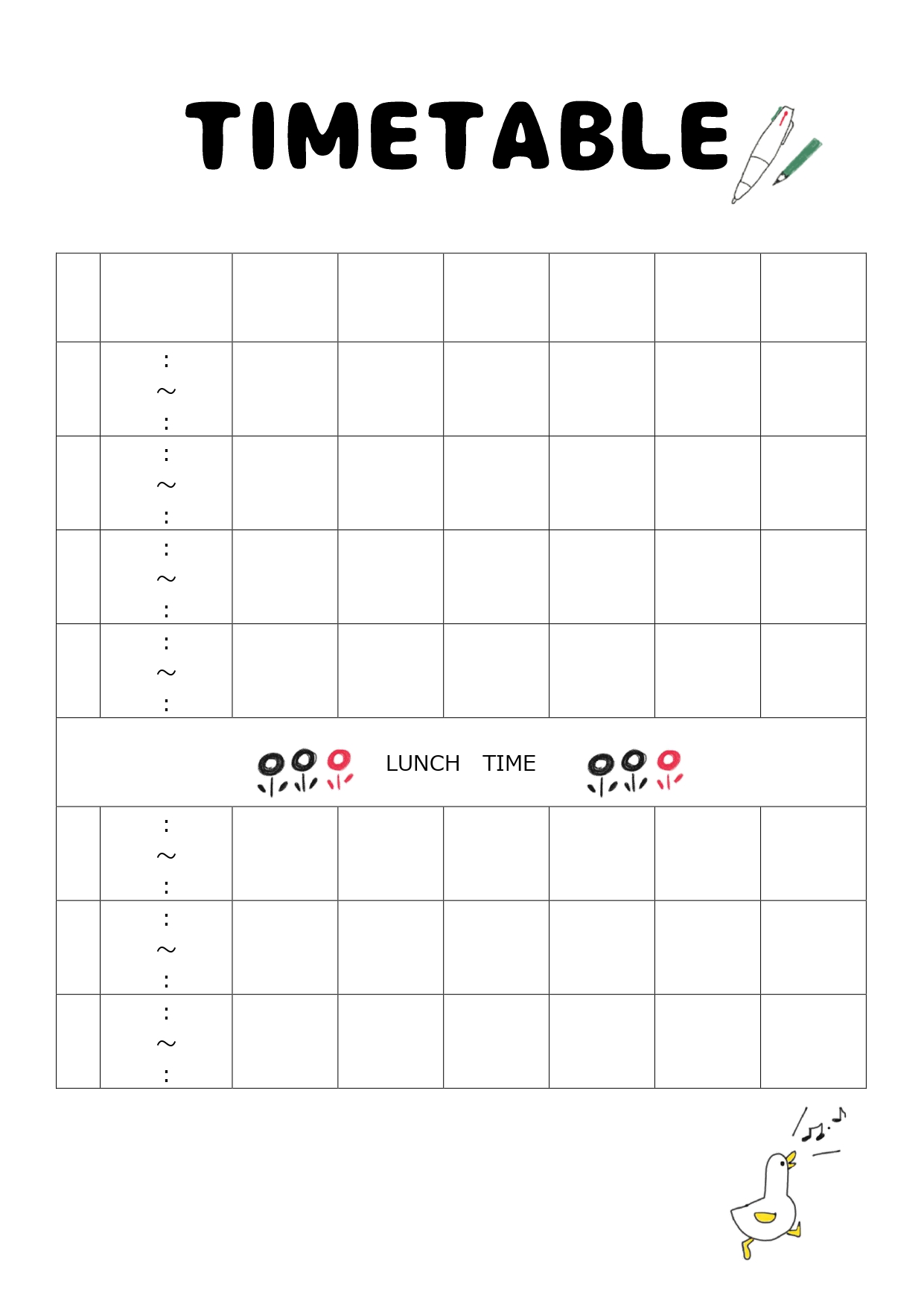 ★TIME TABLE★英語表記がおしゃれで、かわいいイラストも入った時間割のテンプレート！ ビジネスでも小学生、中学生、高校生にもご利用頂ける、時間割のテンプ