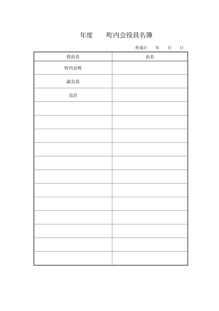 【町内会役員名簿】役職と氏名の