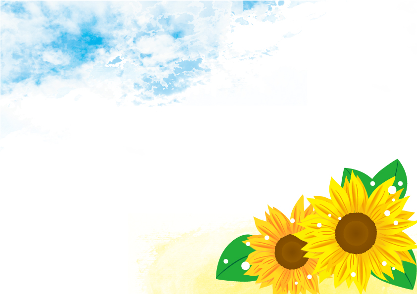 8月の花・向日葵の夏フレーム（メッセージカード・はがきサイズ・A4サイズ）保育園のお便り・学校の新聞・案内表示などに使えるテンプレートです。向日葵が大きく描かれ