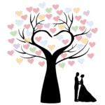 ハート型のおしゃれなウェディングツリー☆新郎新婦のシルエットイラスト入り！結婚証明書のテンプレート 新郎新婦のシルエットのイラストが素敵なモノクロデザインとなっ