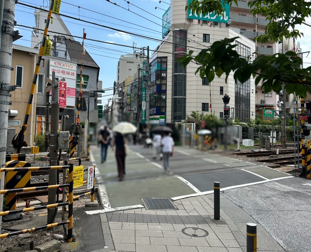 目前には踏切が見えます