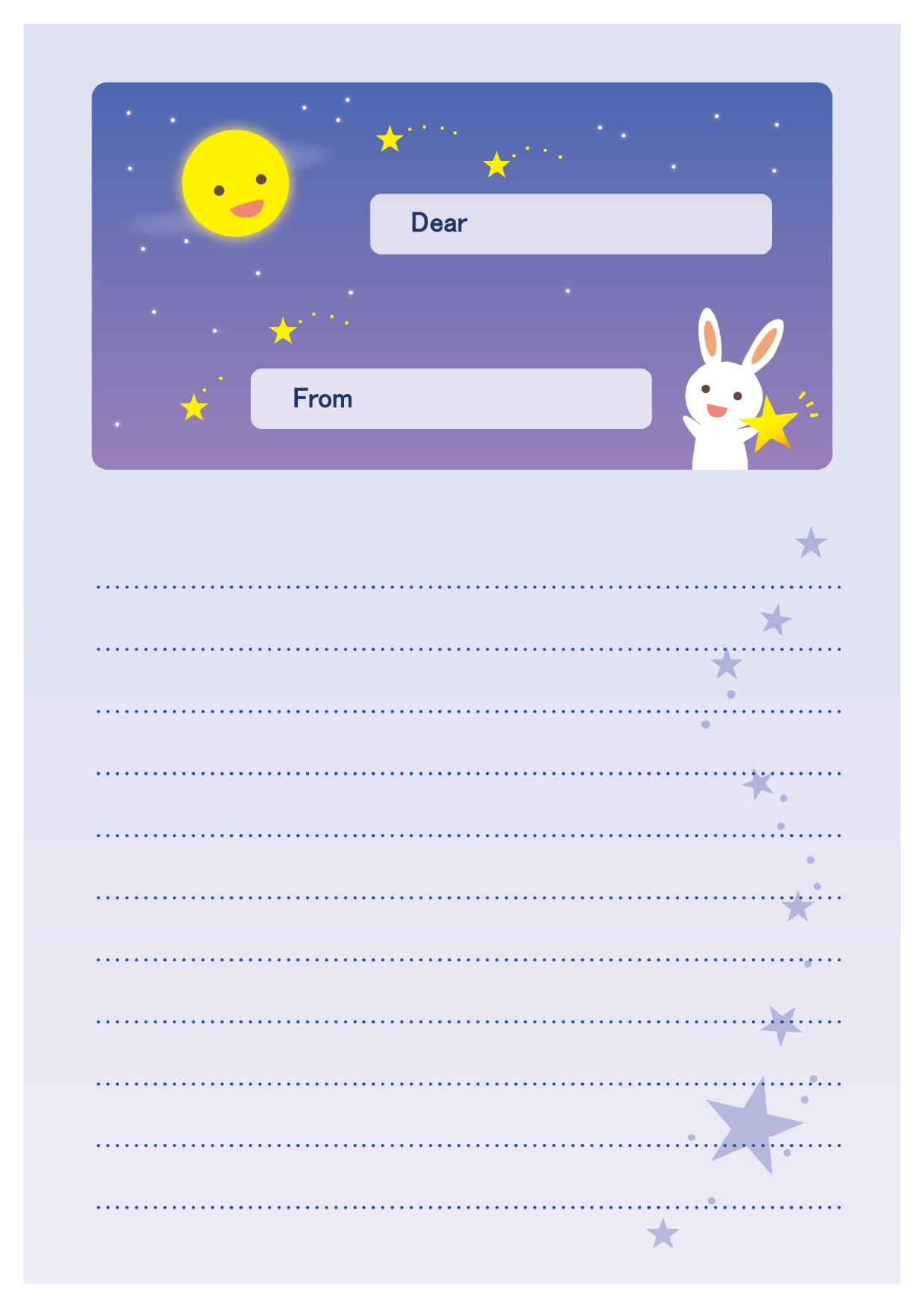 子供が喜ぶ、うさぎとお月様のかわいい便箋のテンプレート☆紫ベースで夜空を演出したデザイン！ 夜空に浮かぶお月さまとうさぎが、楽しそうにしている様子が描かれたかわ