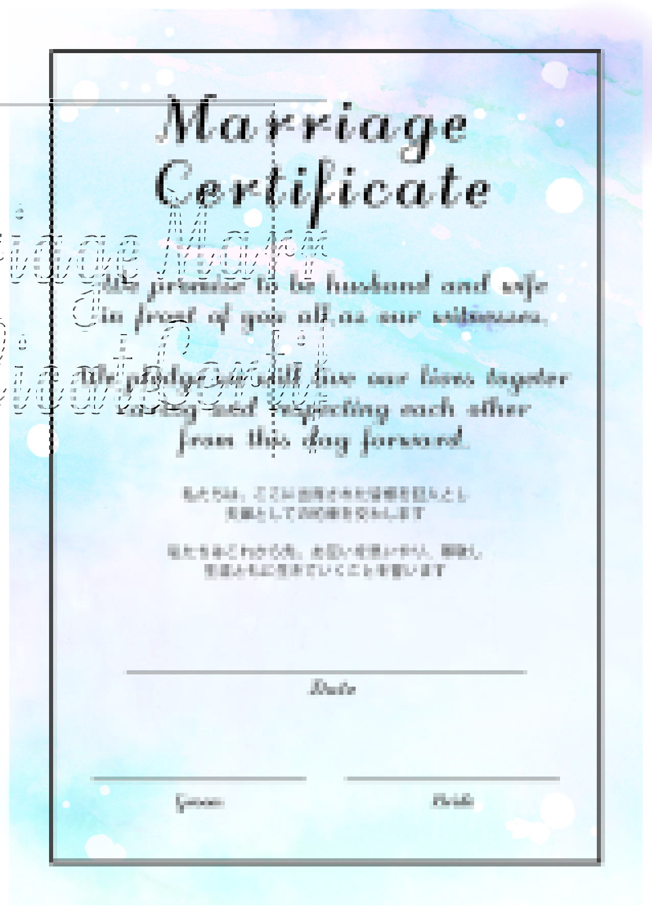 英語のフォントがかわいい結婚証明書（ブルーのグラデーション）ウェディングアイテムとして利用出来るテンプレートとなります。全体にブルーのグラデーションがうっすら入