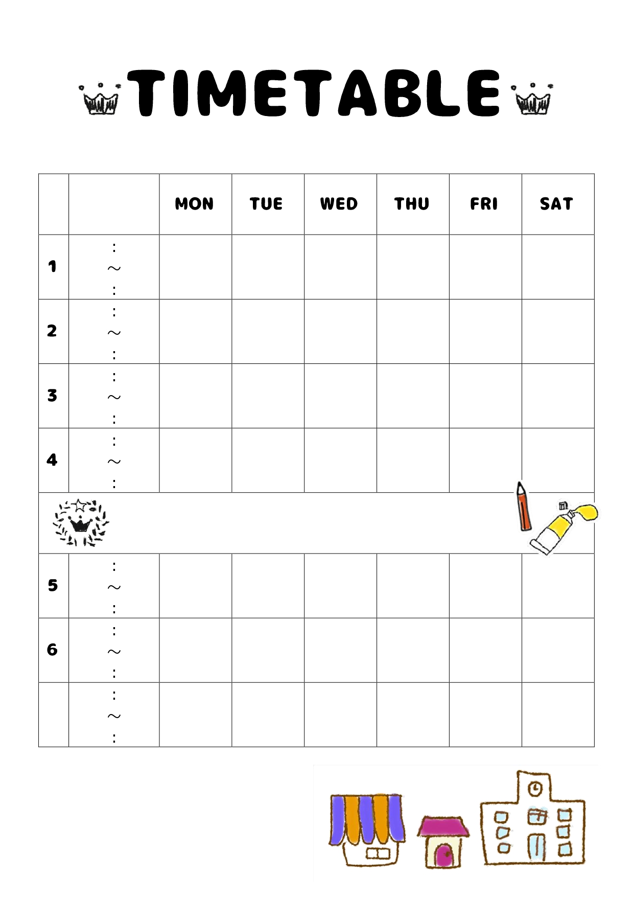 絵具の手書き風イラスト入りの時間割表「Excel・Word・PDF」おしゃれなデザインのテンプレートとなります。縦型のA4サイズで使いやすい時間割表となります。