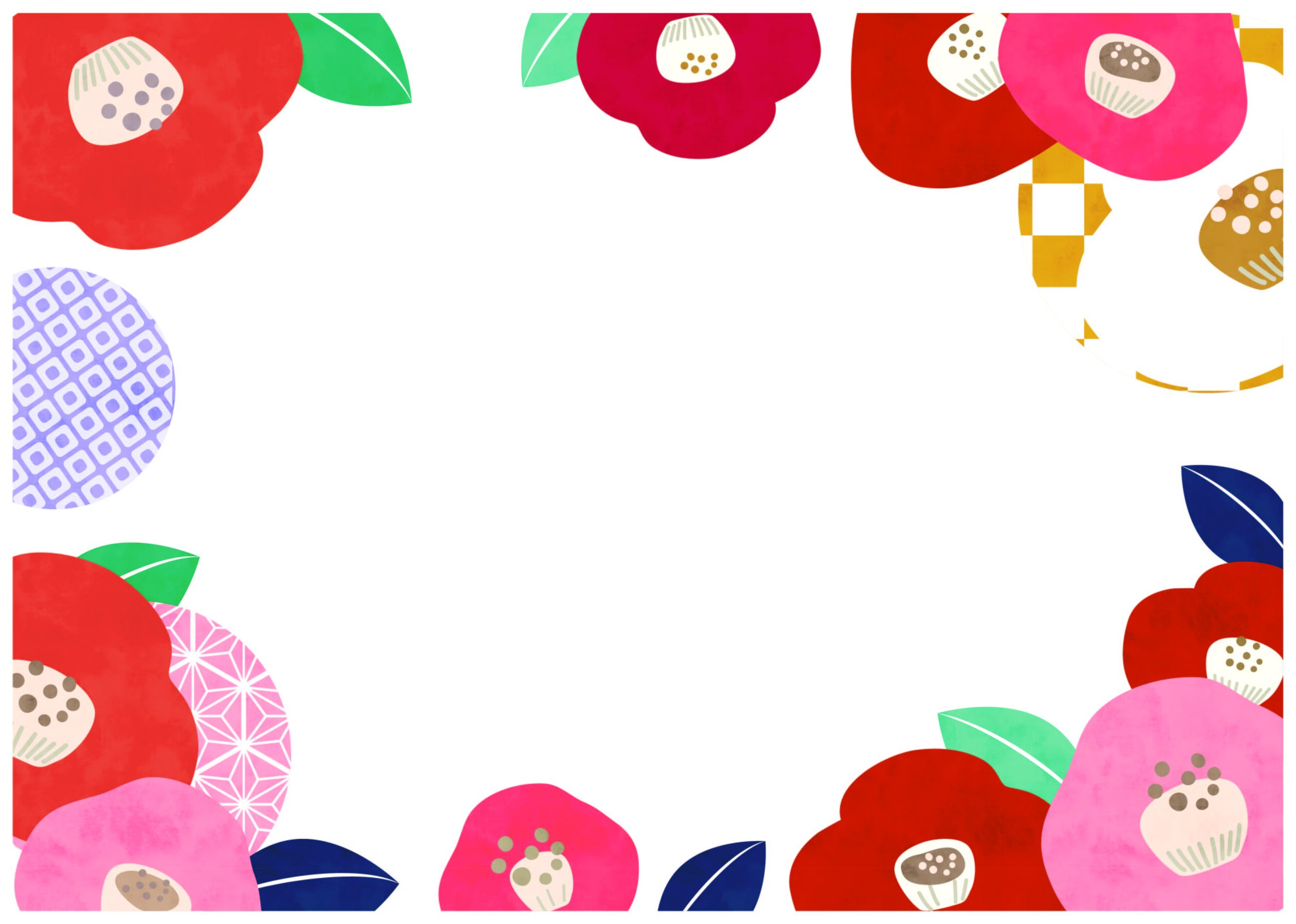 冬に使える椿の花のイラストフレーム「JPG/PDF/透過PNG」のダウンロードがのテンプレートとなります。冬の花でもある椿の花を大きく描いたインパクトのあるイラ