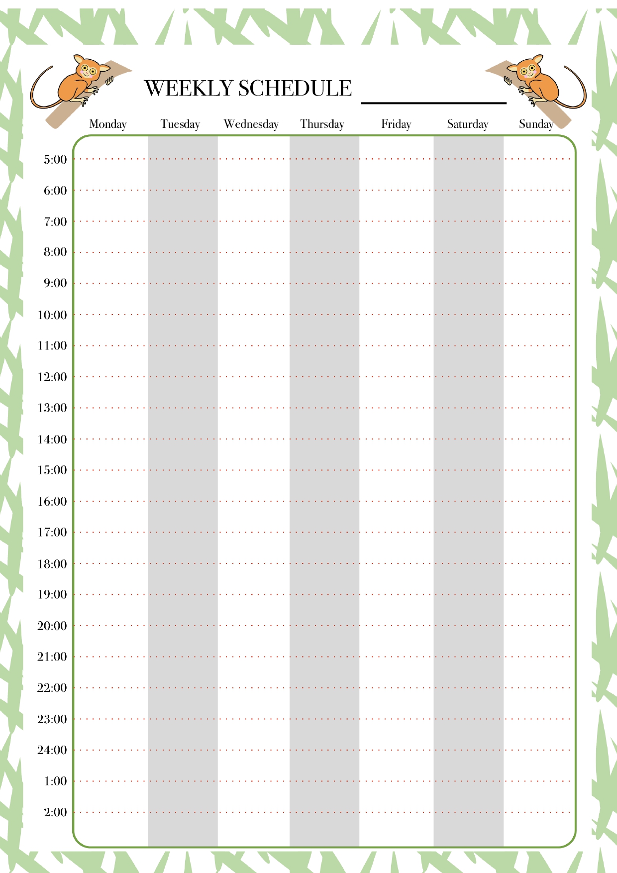 時間単位で予定を記入できるウィークリーカレンダー！メガネザルのイラスト入りでかわいいExcel・Wordのテンプレート！ 木にしがみついた、かわいいメガネザルと
