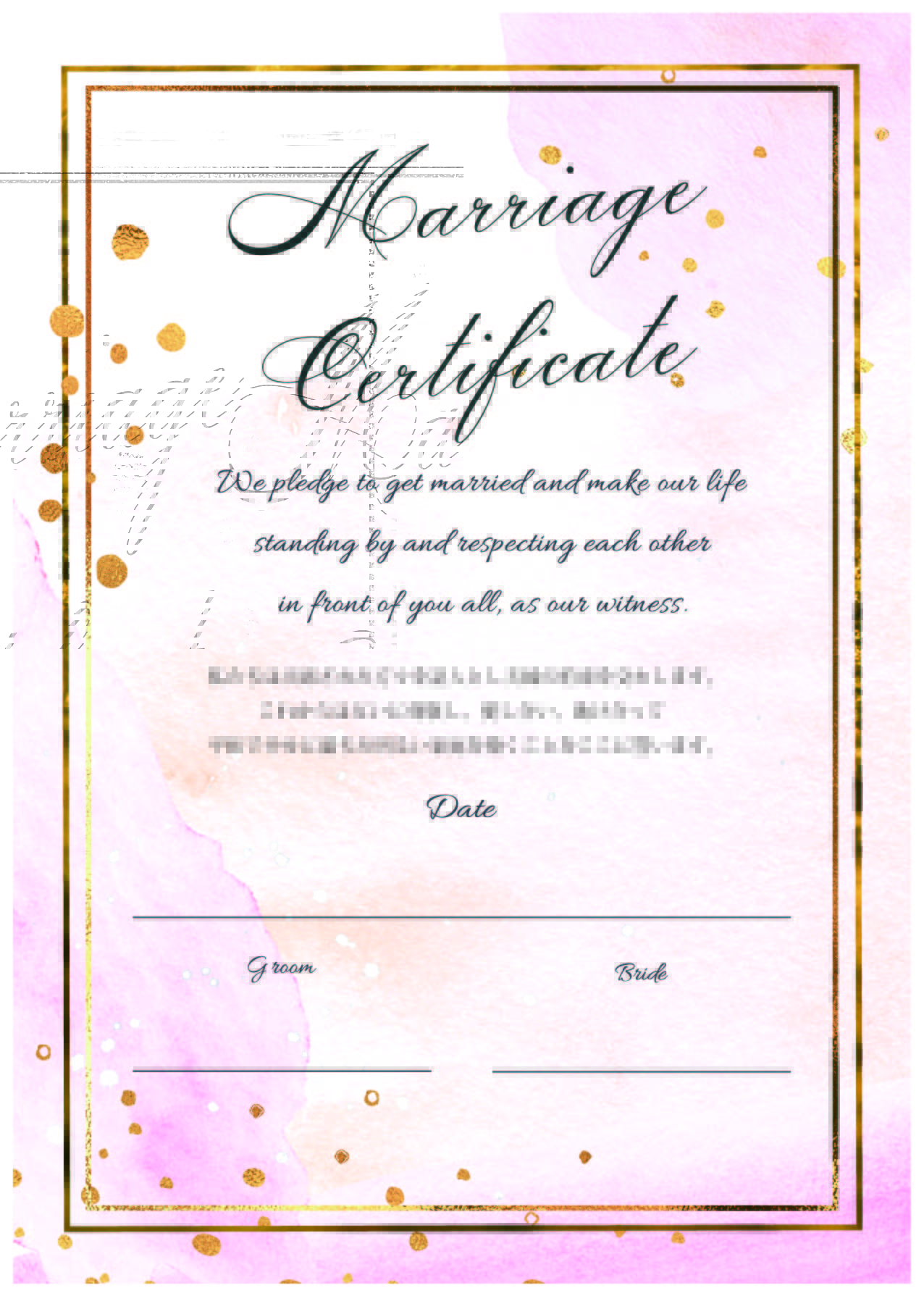淡いピンク色の水彩風の背景にゴールドカラーの枠が華やかな結婚証明書（日付と新郎新婦のサインのシンプル）のテンプレート。淡いピンク系のマーブル模様の背景に、ゴール