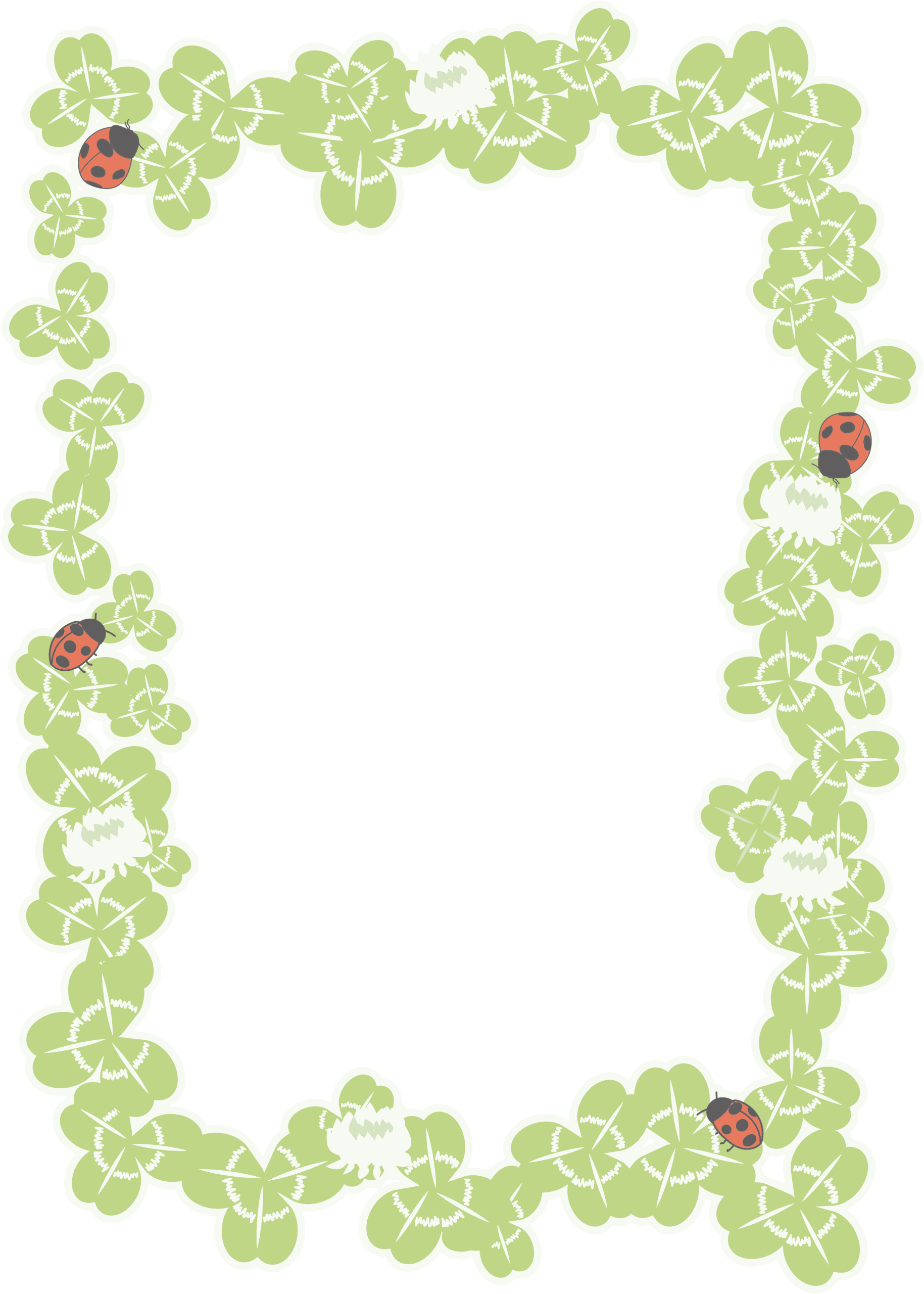 クローバーとてんとう虫の可愛らしいデザイン「透過PNG」で使いやすいイラストフレームのフリー素材 クローバー、てんとう虫、シロツメクサがフレームになった縁起の良