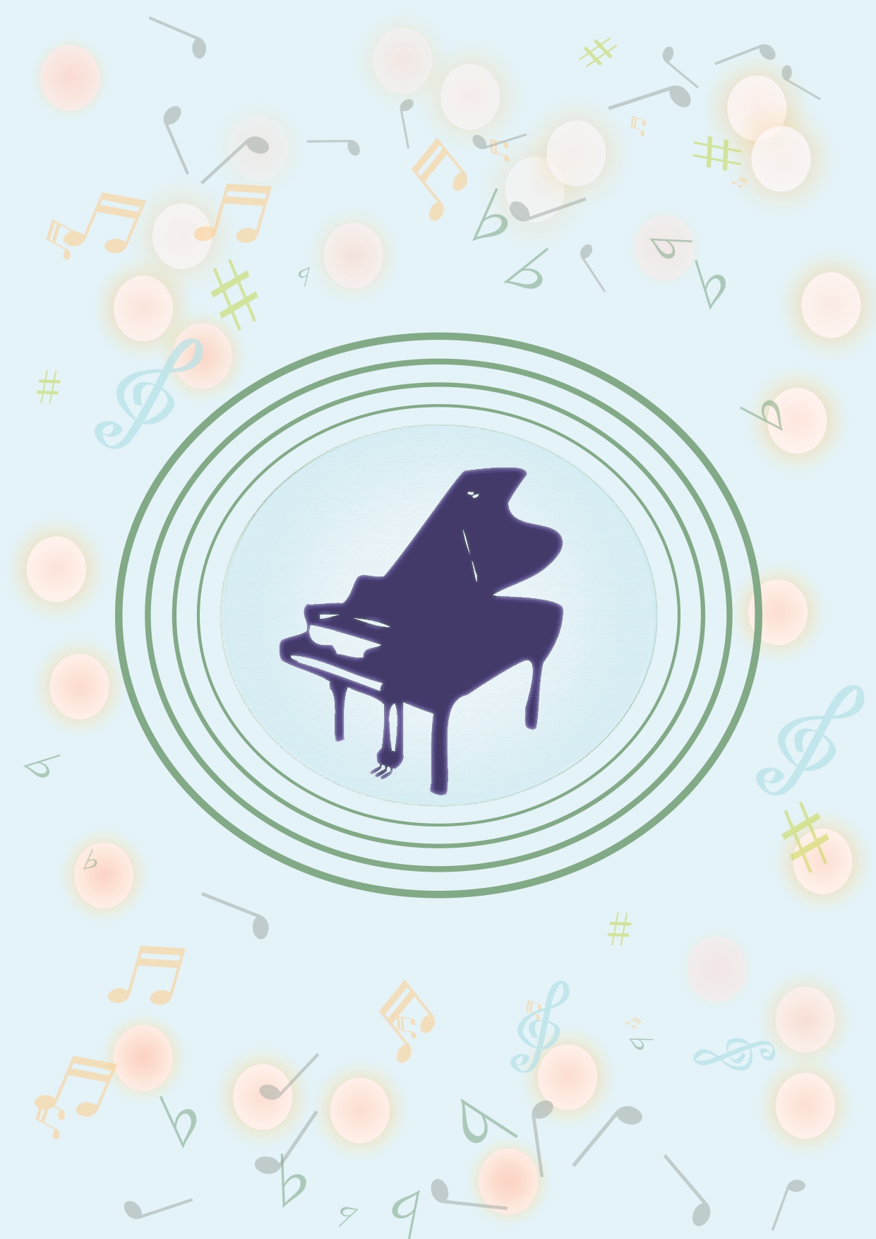 グランドピアノが素敵に描かれた、上品な音楽ポスター☆音楽発表会の張り紙や案内状に便利に使えるテンプレート！ 中央に大きくグランドピアノが描かれ、その周りに五線譜