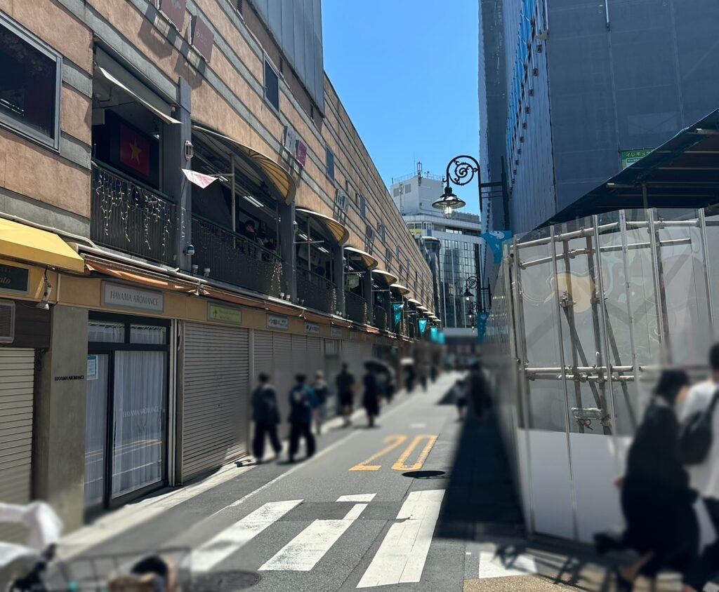 左側が再開発工事中の女神通り