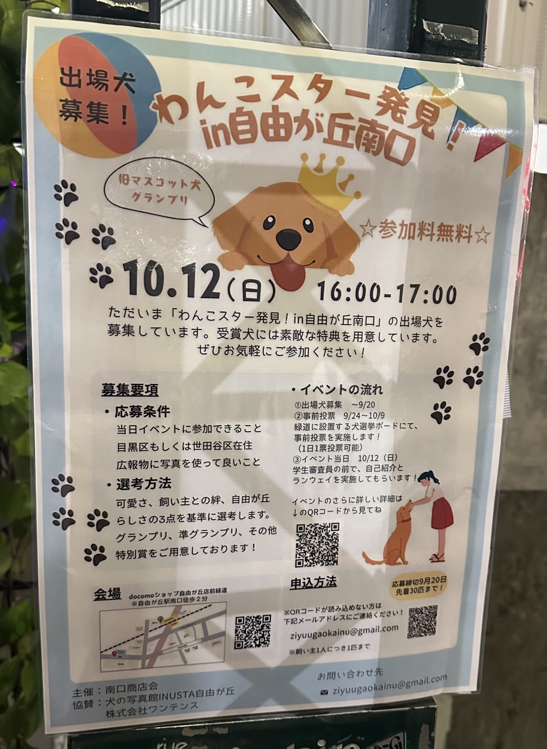 自由が丘駅近くで見つけたチラシです。出場犬募集！だそうです。南口商店会主催・犬の写真館INUSTA自由が丘協賛のイベント「わんこスター発見！in自由が丘南口」の