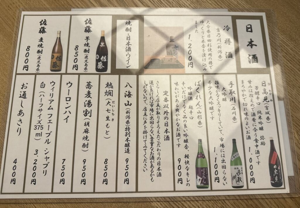 アルコールのメニュー